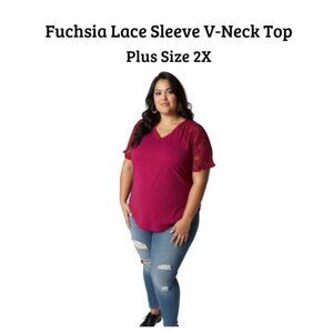 Fuchsia Lace Sleeve V-Neck Top | Plus Size 2X | NWOT